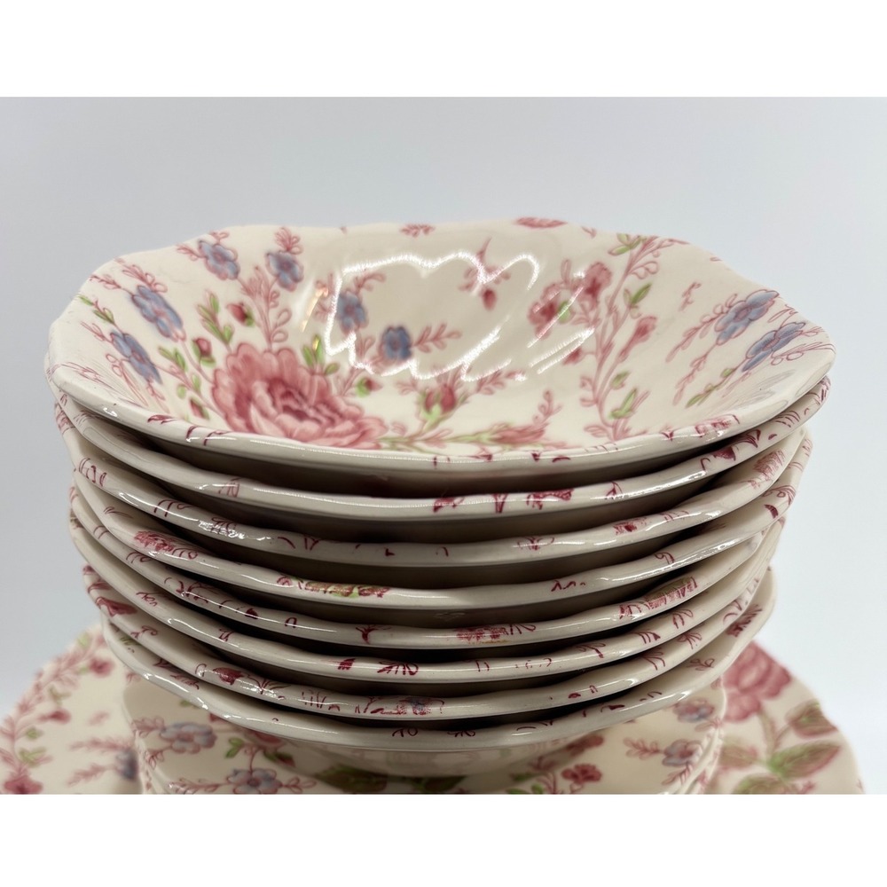 Johnson Bros Rose Chintz Square Cereal 6.25" Bowls Set of 8 Pink Floral England